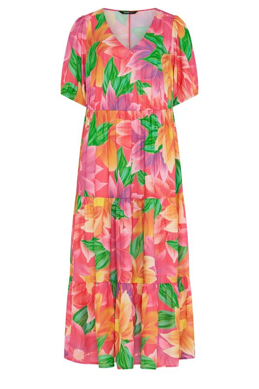 YOURS Curve Pink Floral Puff Sleeve Tiered Maxi Dress | Yours Clothing 5