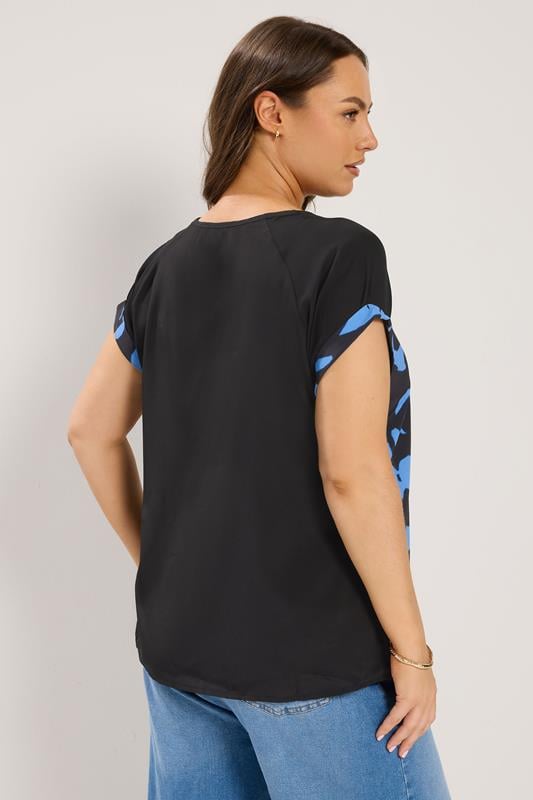 YOURS Plus Size Blue Abstract Contrast Sleeve Top | Yours Clothing 2