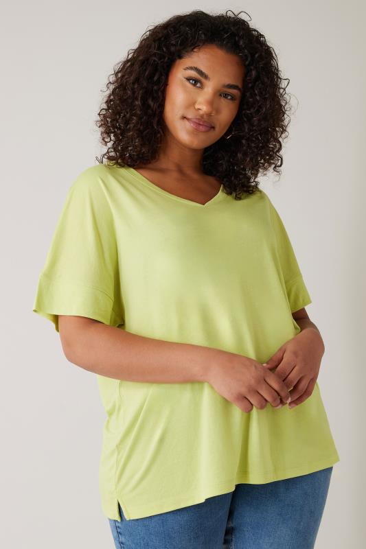 EVANS Plus Size Chartreuse Green V-Neck Modal Rich T-Shirt | Evans 1