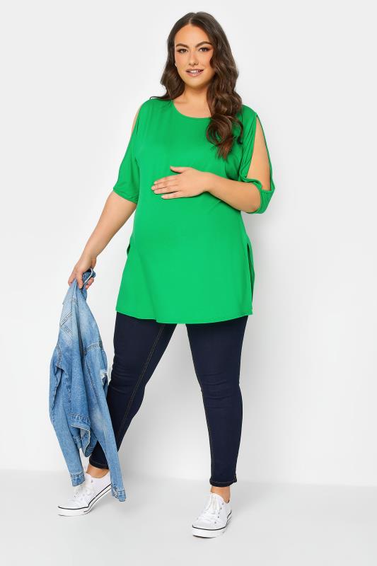 BUMP IT UP MATERNITY Plus Size Green Cold Shoulder Split Hem Top | Yours Clothing 2