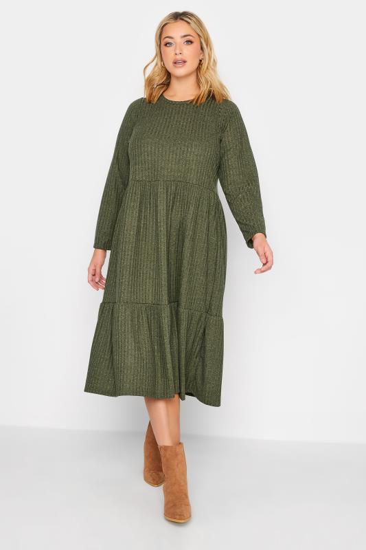 YOURS Plus Size Green Ribbed Midi Dress | Yours Clothing 1