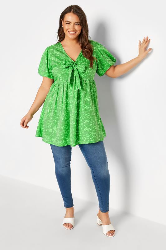 Curve Green Spot Print Tie Front Tunic Top 2