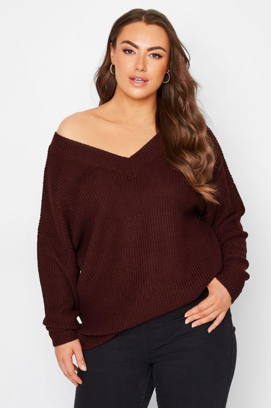 Plus Size  YOURS Curve Burgundy Red V-Neck Knitted Jumper