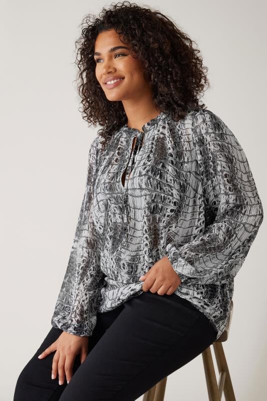 EVANS Plus Size Grey Snake Print Tie Neck Blouse | Evans 1