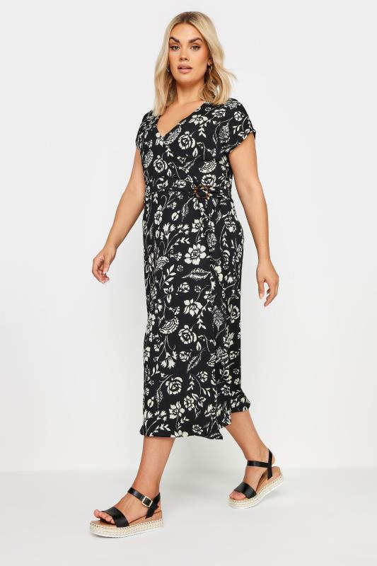 YOURS Plus Size Black Floral Print Textured Midi Dress | Yours Clothing 1