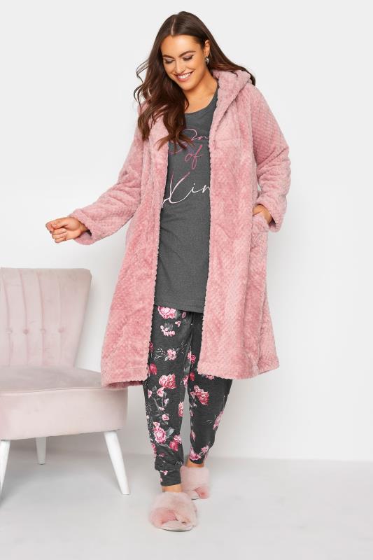 Plus Size Pink Waffle Fleece Hooded Dressing Gown | Yours Clothing 3