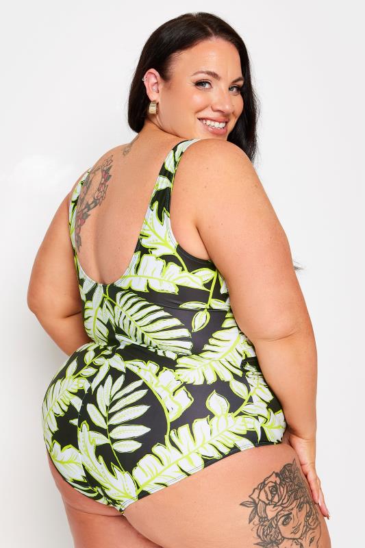 YOURS Plus Size Black Leaf Print Plunge Tummy Control Swimsuit | Yours Clothing 4