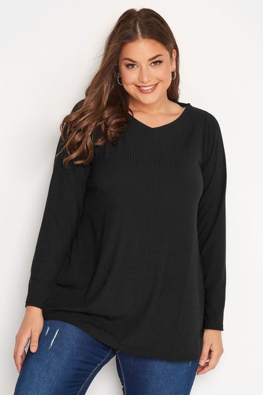 Curve Black Long Sleeve Ribbed Top | Yours Clothing 1