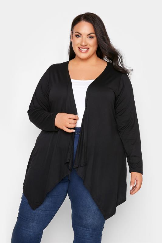 YOURS Plus Size Black Edge To Edge Waterfall Jersey Cardigan | Yours Clothing 1
