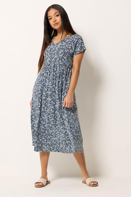 M&Co Petite Black Floral V-Neck Midi Dress | M&Co 1