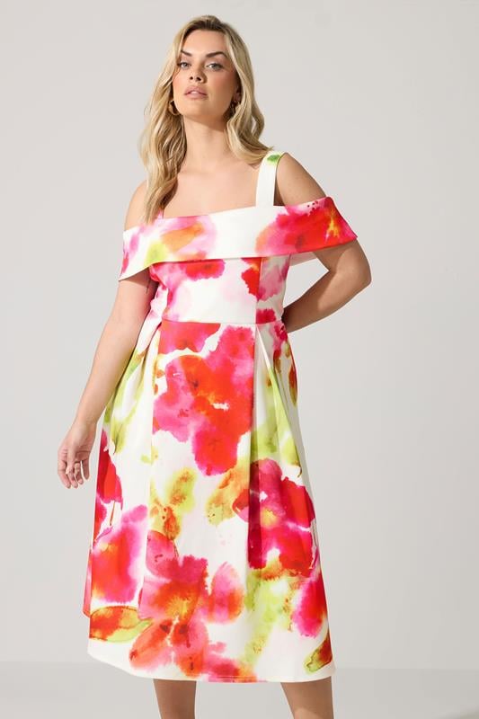 YOURS LONDON Plus Size  White Cold Shoulder Abstract Skater Dress | Yours Clothing 1