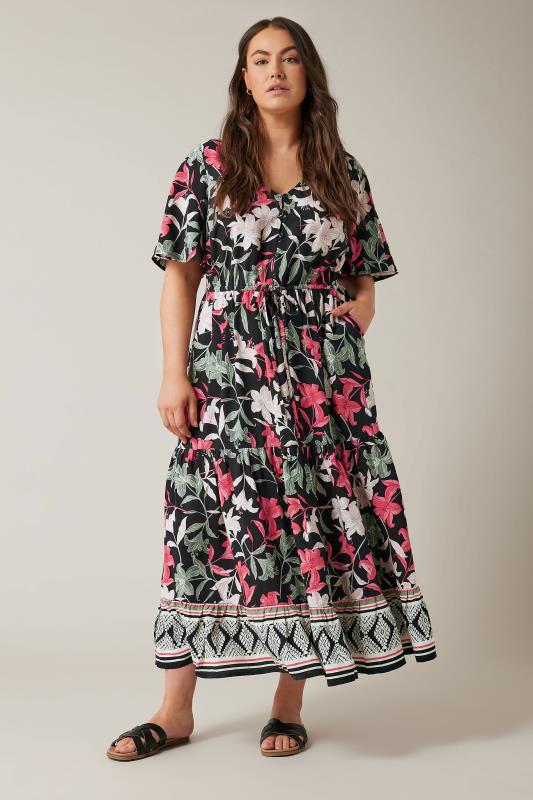 Plus Size  Curve Black Floral Design Border Print Midi Dress