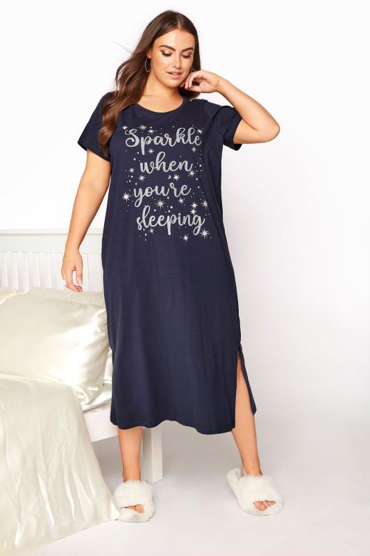 Plus Size  Navy 'Sparkle When You're Sleeping' Slogan Cotton Nightdress