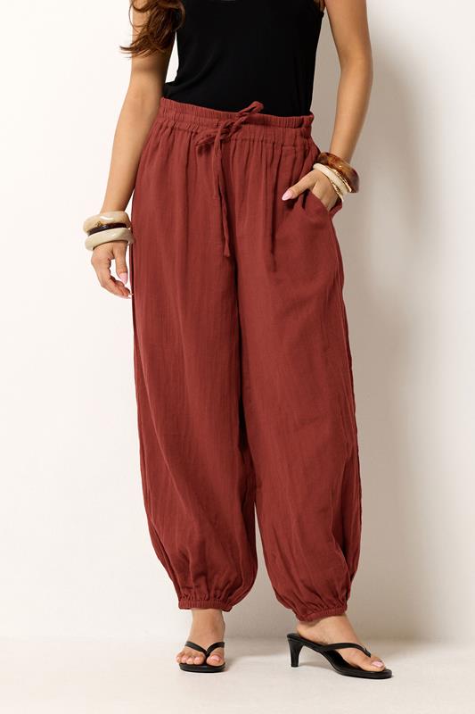 PixieGirl Petite Women's Brick Red Cheesecloth Cotton Balloon Trousers | PixieGirl 1