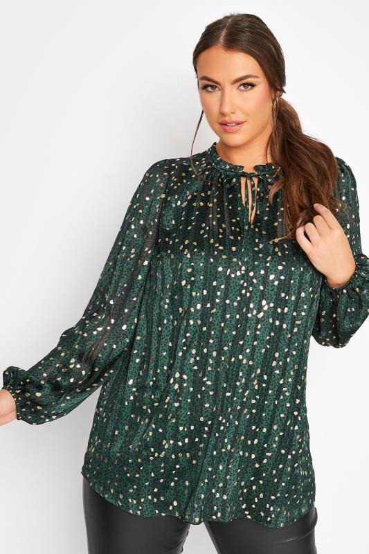 Plus Size  YOURS LONDON Curve Green & Gold Animal Print Ruffle Blouse
