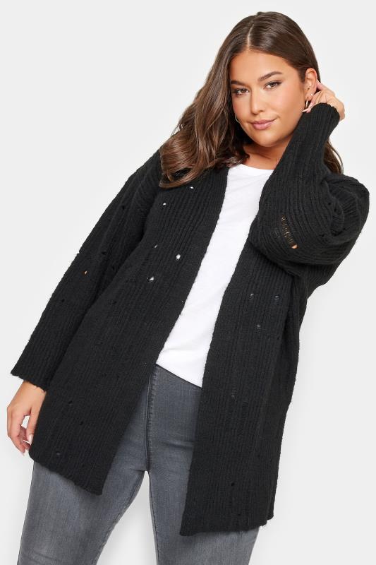 Plus Size  YOURS Curve Black Distressed Knit Cardigan