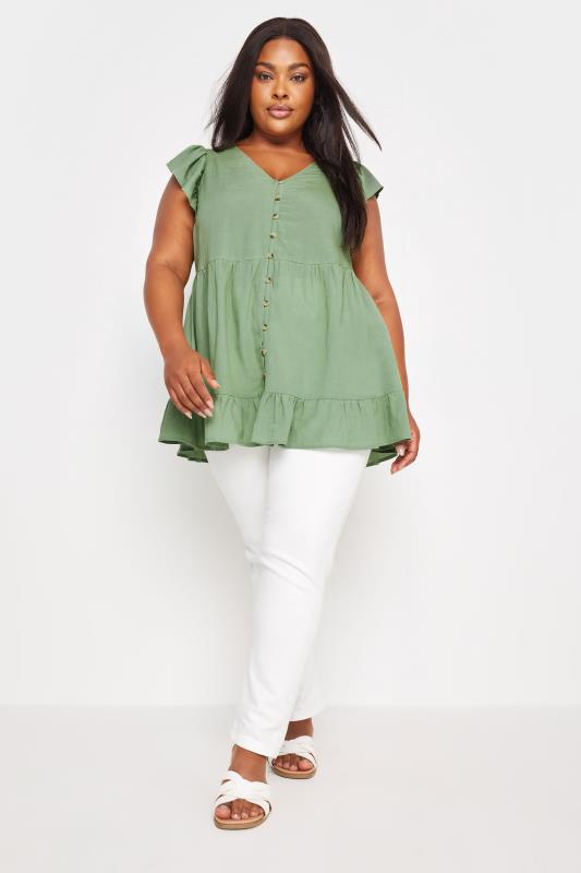 YOURS Plus Size Sage Green Tiered Linen Blouse | Yours Clothing 2