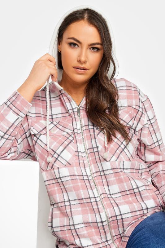 YOURS LUXURY Plus Size Pink Check Print Hooded Shacket | Yours Clothing 4