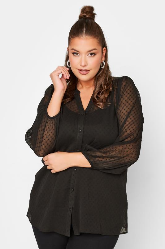 Plus Size  YOURS LONDON Curve Black Balloon Sleeve Dobby Blouse
