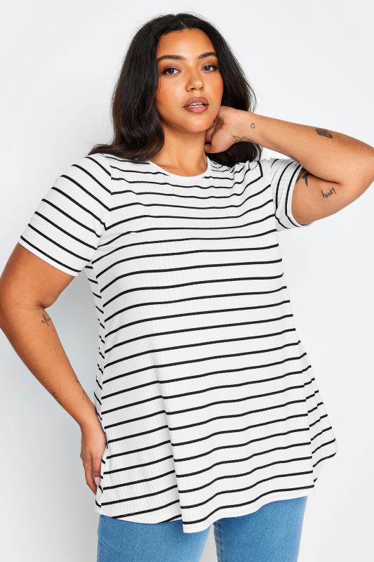  YOURS Curve White Stripe Ribbed T-Shirt