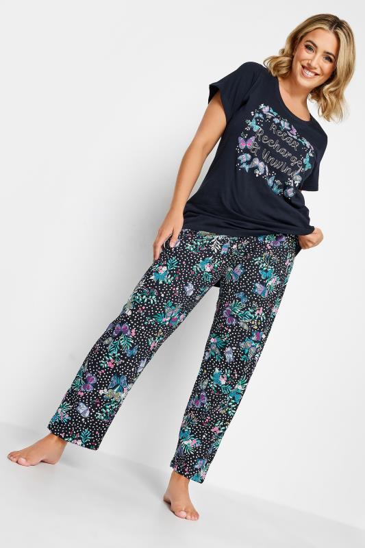 YOURS Curve Navy Blue Butterfly Mixed Print Pyjama Bottoms | Yours Clothing  2
