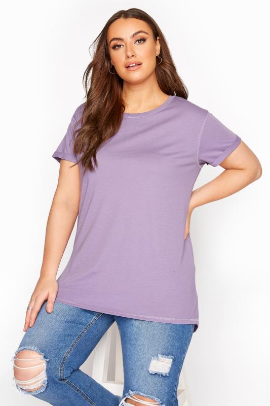 Lilac Topstitch Short Sleeve T Shirt Yours Clothing