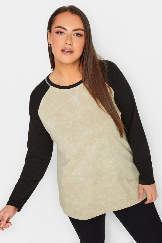 YOURS Curve Natural Beige & Black Long Sleeve Raglan Top | Yours Clothing 1