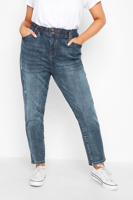 Plus Size Indigo Blue Washed Elasticated Stretch MOM Jeans | Yours Clothing  1