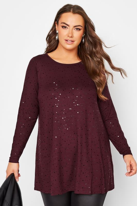  Tallas Grandes Curve Berry Red Embellished Long Sleeve Swing Top