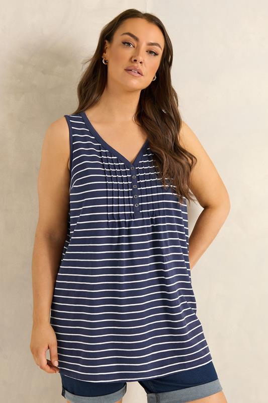  EVANS Curve Navy Blue Stripe Cotton Henley Vest Top