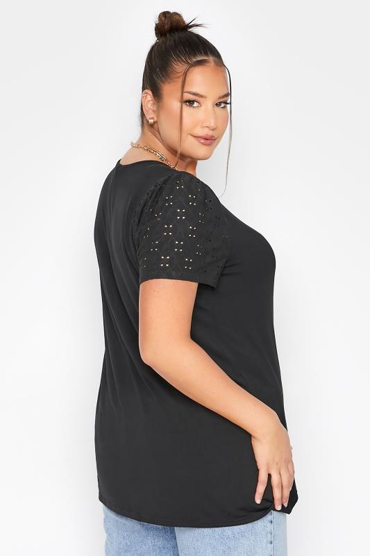 LIMITED COLLECTION Plus Size Black Broderie Anglaise Sleeve T-Shirt | Yours Clothing  3