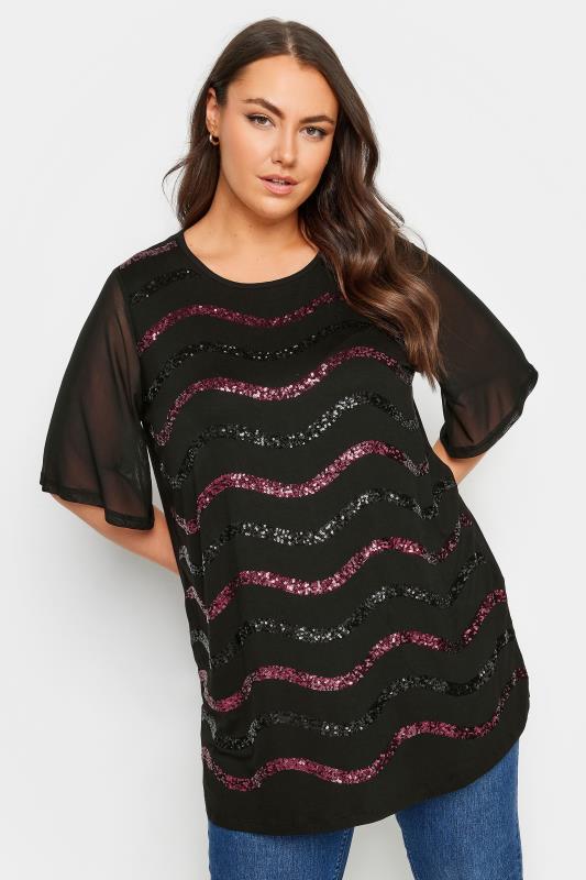 Plus Size  YOURS Curve Black Sequin Embellished Mesh Sleeve Top