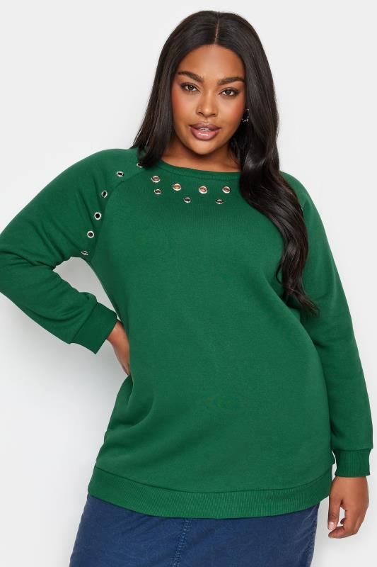 YOURS Curve Pine Green Eyelet Detail Sweatshirt | Yours Clothing 1