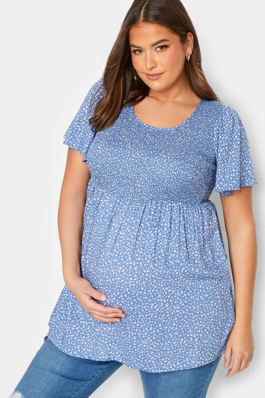 BUMP IT UP MATERNITY Plus Size Blue Spot Print Shirred Top | Yours Clothing 4