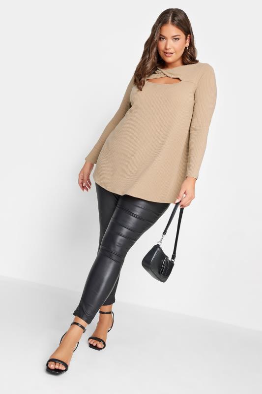 YOURS Plus Size Beige Brown Twisted Front Ribbed Top | Yours Clothing 2