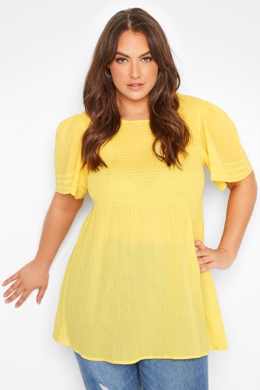 Plus Size  LIMITED COLLECTION Curve Lemon Yellow Shirred Smock Top