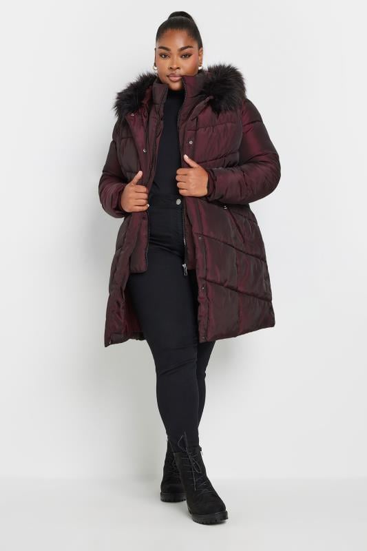 YOURS Plus Size Burgundy Red Faux Fur Trim Puffer Coat | Yours Clothing 3