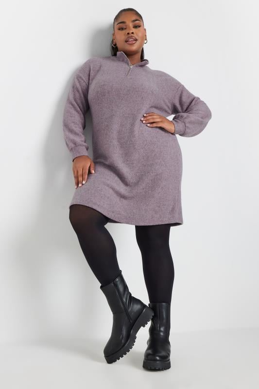 YOURS Plus Size Purple Zip Neck Soft Touch Jumper Dress | Yours Clothing 1