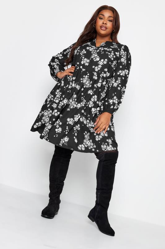 YOURS Plus Size Black Floral Print Zip Detail Smock Dress | Yours Clothing 2