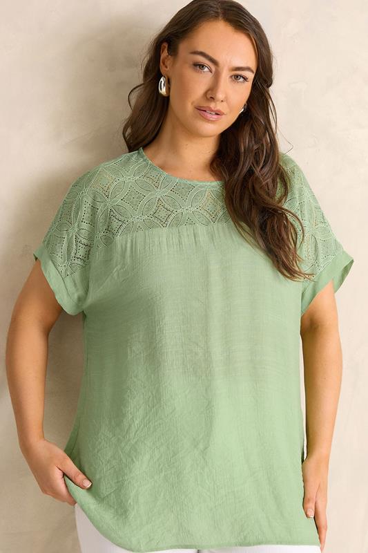  EVANS Curve Green Lace Detail Short Sleeve Top