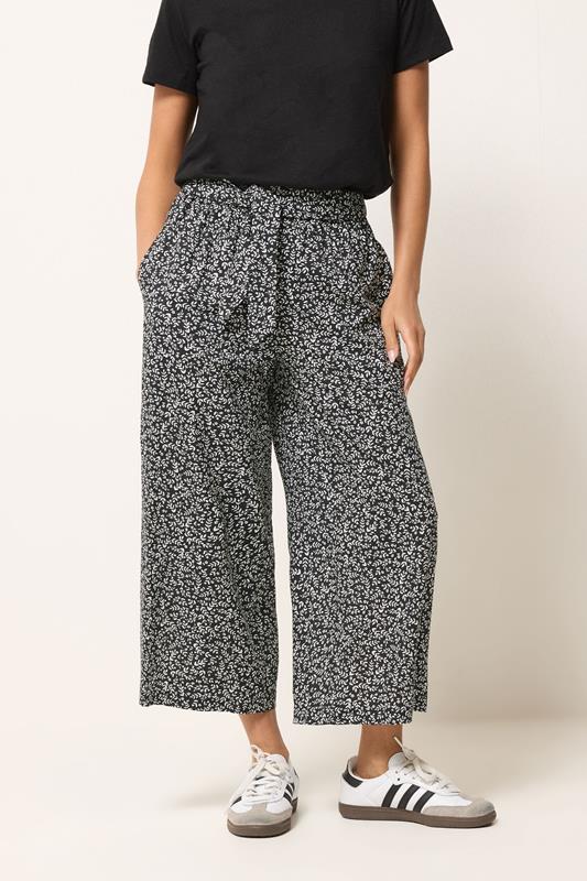 PixieGirl Petite Women's Black Leaf Print Cropped Trousers | PixieGirl 1