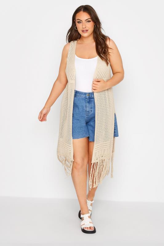 Plus Size Natural Brown Crochet Sleeveless Maxi Cardigan | Yours Clothing  2