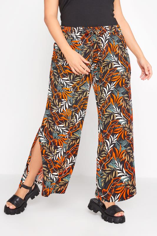 Plus Size Black Leaf Print Tie Wide Leg Trousers | Yours Clothing 1