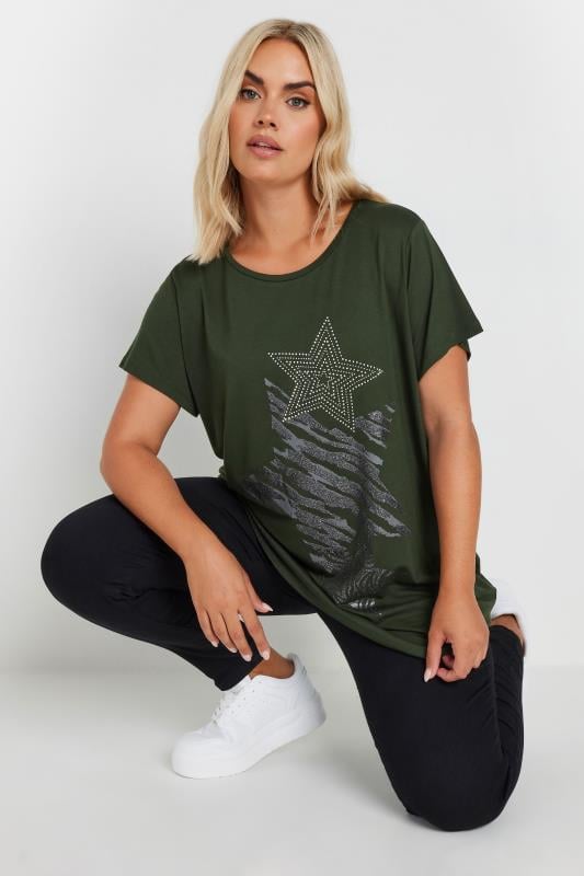  Grande Taille YOURS Curve Green Glitter Star Print T-Shirt