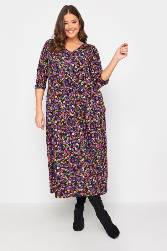 Plus Size  YOURS Curve Black Floral Print Swing Maxi Dress
