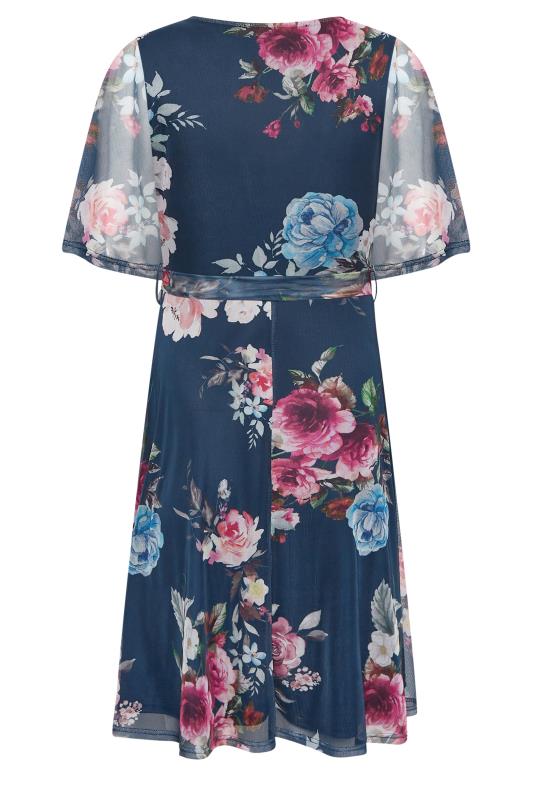 YOURS PETITE Plus Size Navy Blue Floral Print Mesh Midi Wrap Dress | Yours Clothing 7