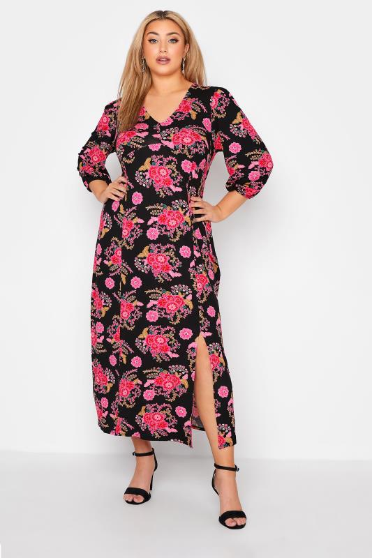 YOURS LONDON Plus Size Black & Pink Floral Side Split Maxi Dress | Yours Clothing 2