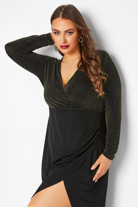 LIMITED COLLECTION Plus Size Gold Glitter Bodycon Wrap Dress | Yours Clothing 4