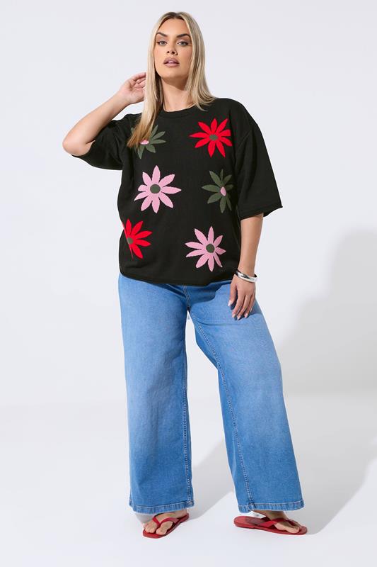 LIMITED COLLECTION Plus Size Black Floral Knitted Boxy T-Shirt 1