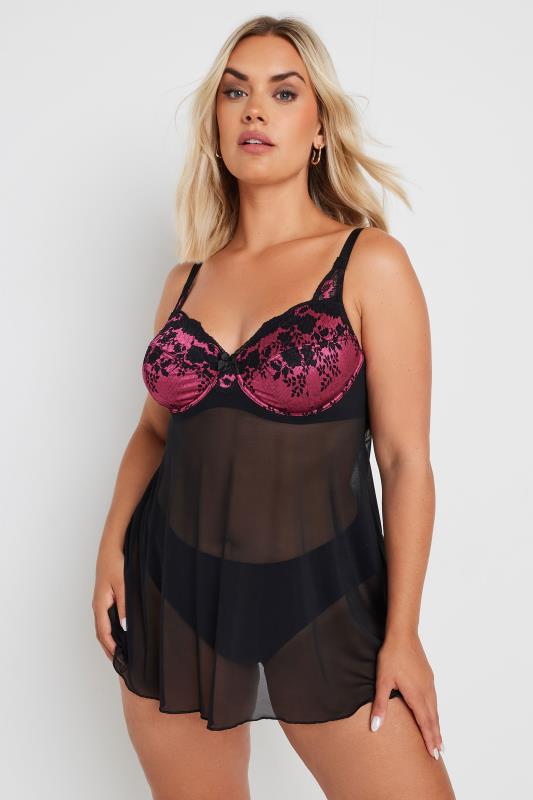 YOURS Plus Size Black & Pink Lace Underwired Babydoll | Yours Clothing 2